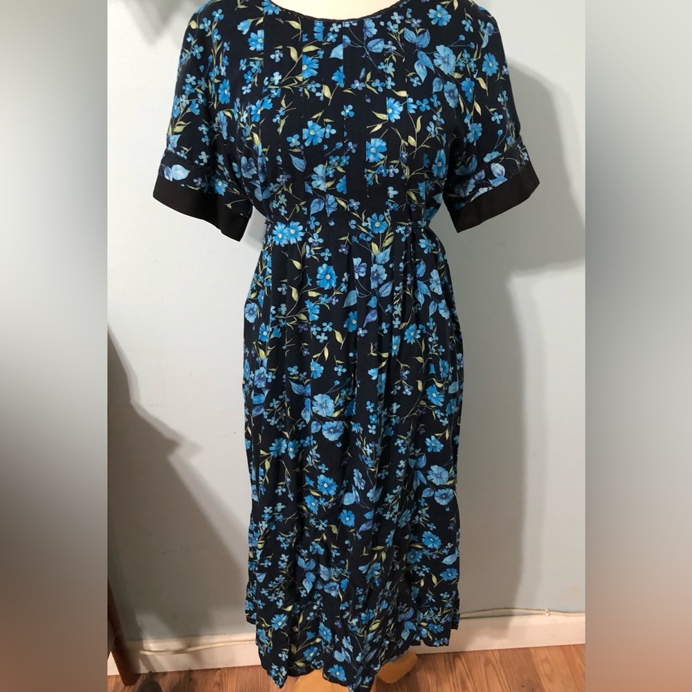 90s Blue Floral Midi Dress Size 8 Medium